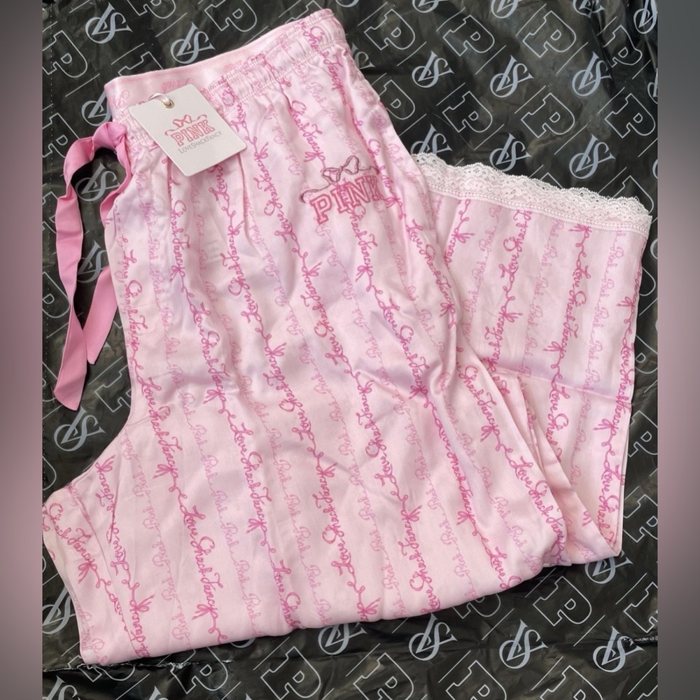 PINK x LoveShackFancy Silky Sleep Pants Pink Floral Logo Lounge Pajama Bottoms - Picture 10 of 12